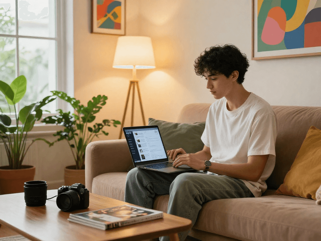Young adult using AI 18+ app in a modern living room, showcasing a trendy lifestyle.