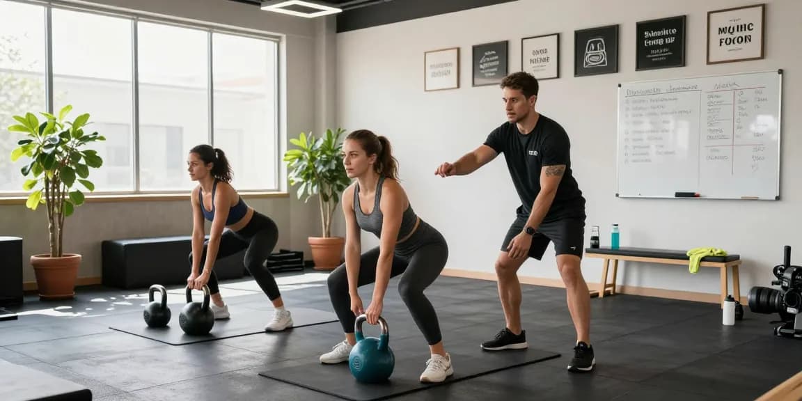 Group fitness session featuring kettlebell training at miraviglp.com/5-amino-1mq gym, showcasing energetic exercise atmosphere.
