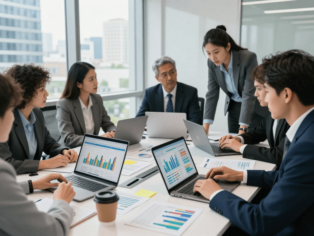 Team discussing financial strategies involving XPAY33 in a modern office.