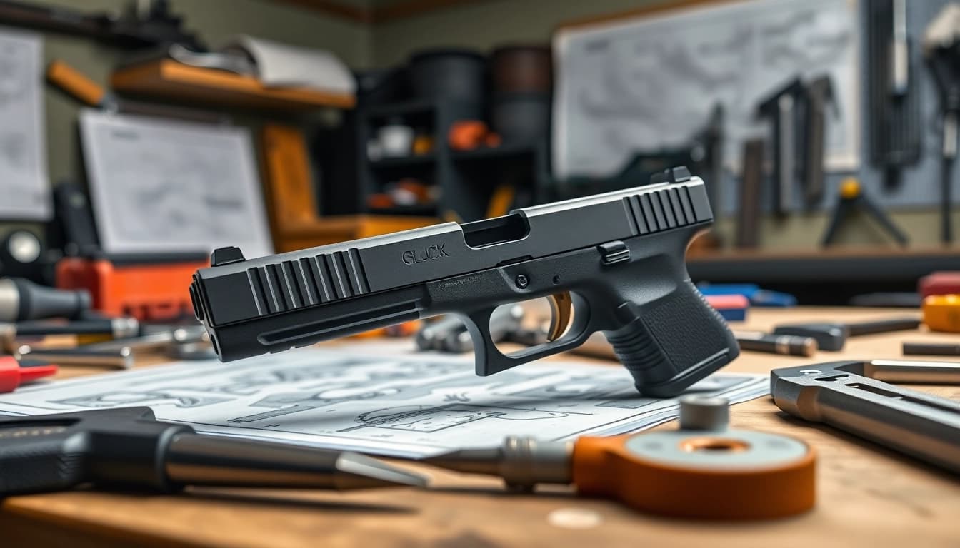 Examine this glock 17 slide displayed in a detailed workshop setup highlighting craftsmanship.