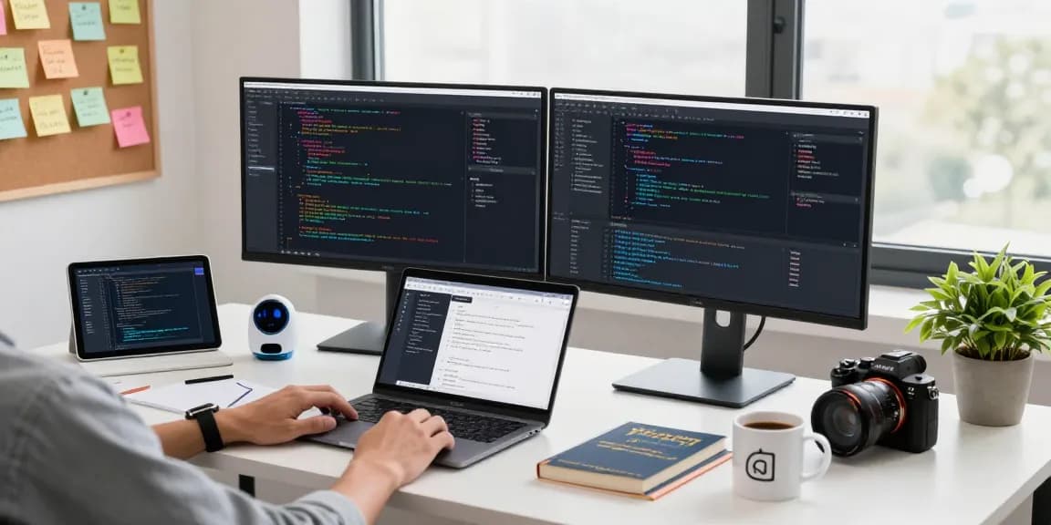 Build internal tools with AI in a modern workspace featuring multiple screens and coding materials.