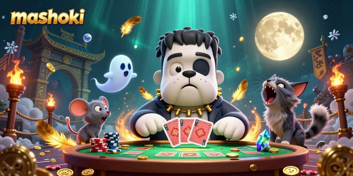 Experience mashoki's thrilling card games with a cartoon monster dealer and swirling golden effects.