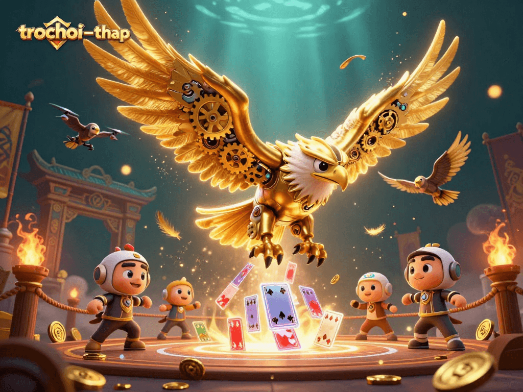 Play thrilling trochoi-thap as a golden eagle masterfully navigates holographic cards and dynamic elements.