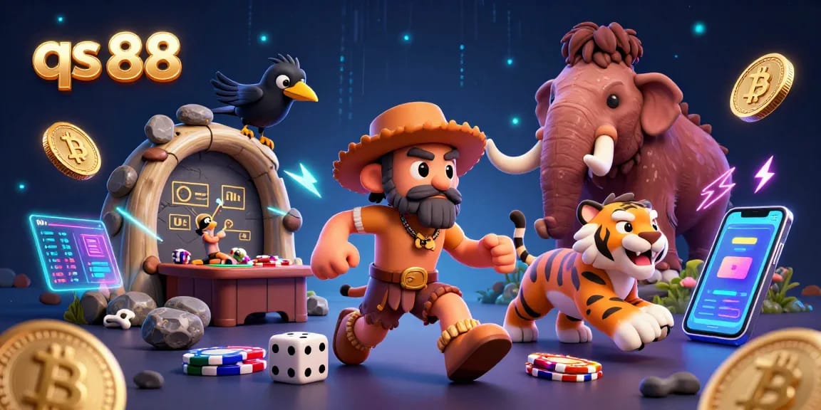 Engage in thrilling gaming at qs 88, featuring a vibrant prehistoric casino with 3D characters.