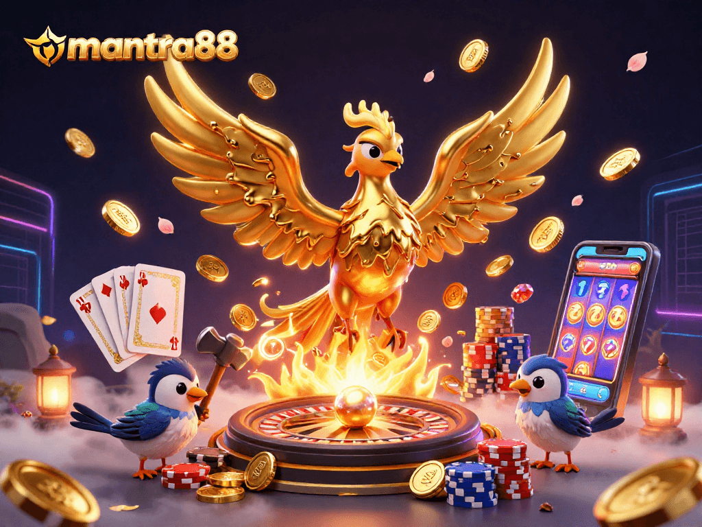Experience the excitement of mantra88 with a 3D phoenix and dazzling casino elements bursting with action.