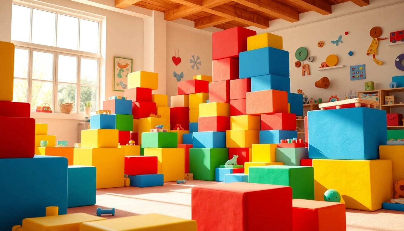 Get the details of colorful foam building blocks in a cheerful indoor playroom setting.