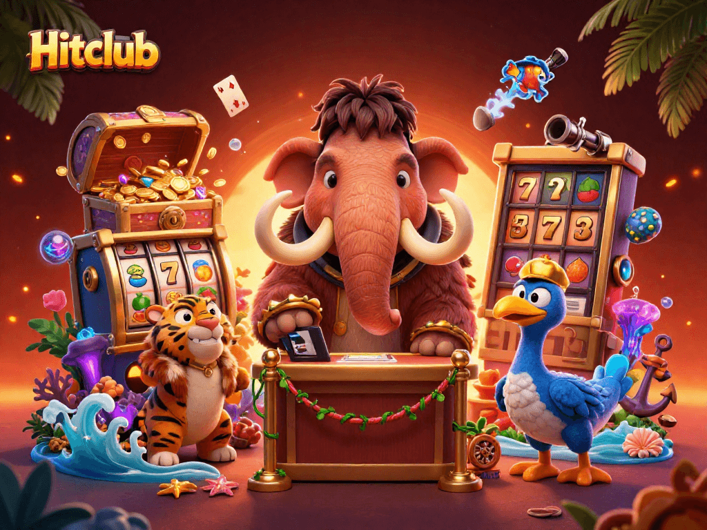 Hitclub showcases a vibrant casino scene with a mammoth bouncer, tiger guest, and dodo doorman, enriching player excitement.