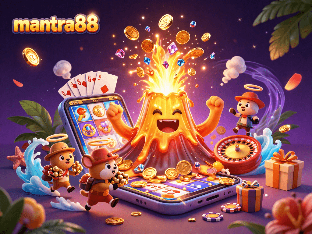 Experience the excitement of mantra88 with a vibrant illustration of a golden volcano eruption showering treasures while players engage in thrilling casino games.