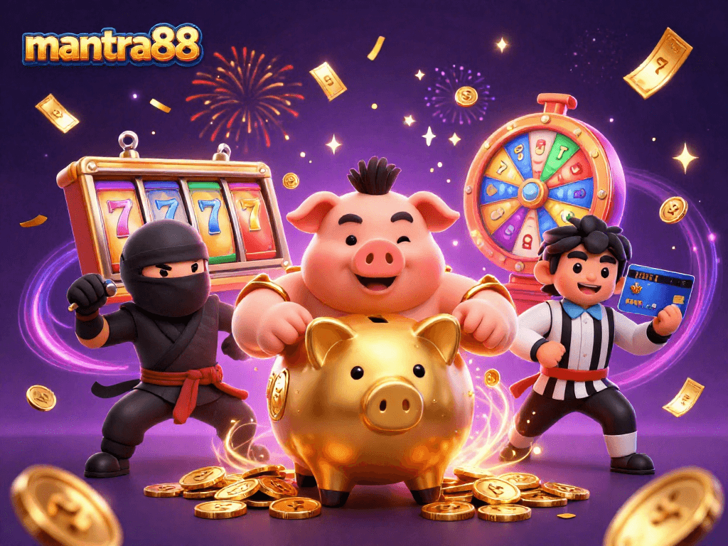 Experience the thrill with mantra88's gaming adventures featuring a sumo piggy bank and dynamic casino elements.