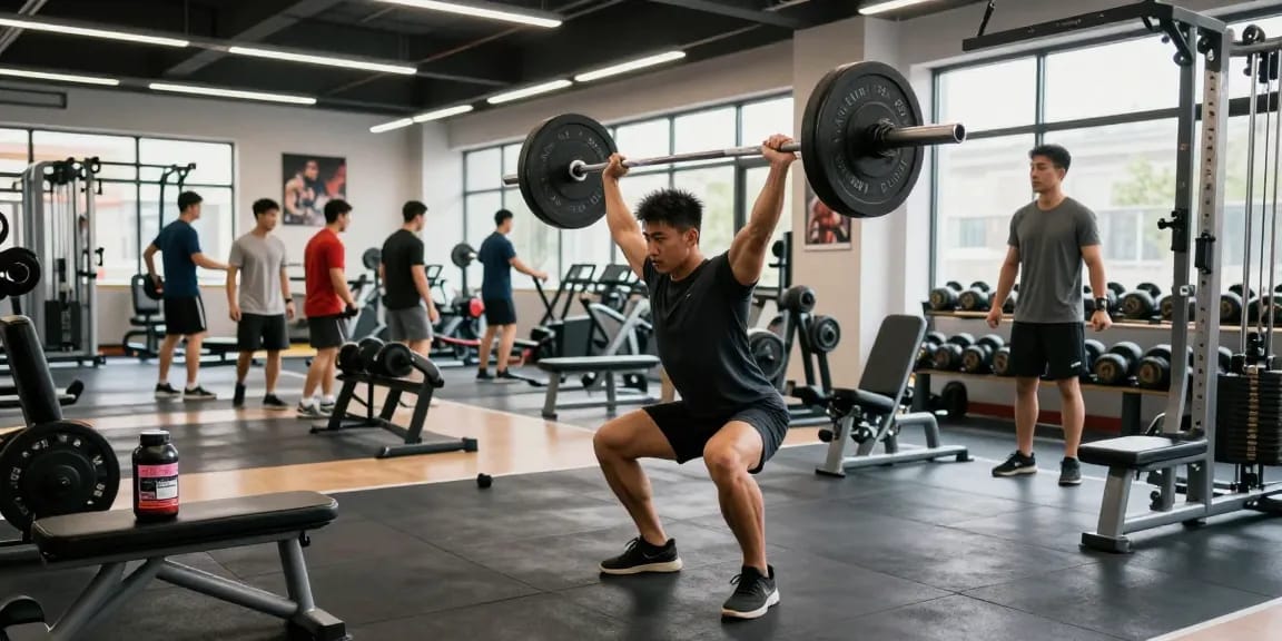 Focused bodybuilder lifting weights in a modern Steroid Shop gym environment.