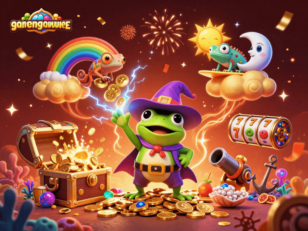 Experience gamenongtraivuive as a wizard frog conjures golden coins amidst a vibrant casino scene.