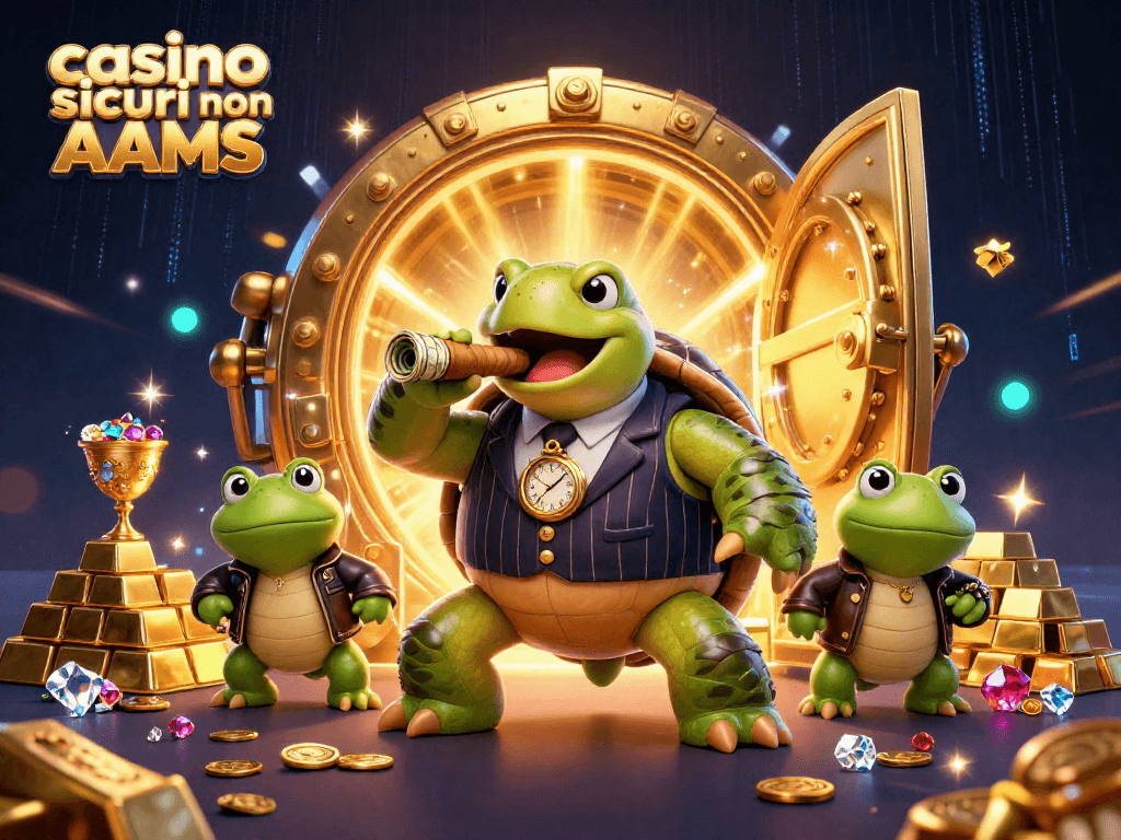 Cattura l'attenzione con un'esclusiva scena di casino sicuri non AAMS, dove una tartaruga stilizzata e due rane fianciarie si godono l'atmosfera di un casinò vibrante.
