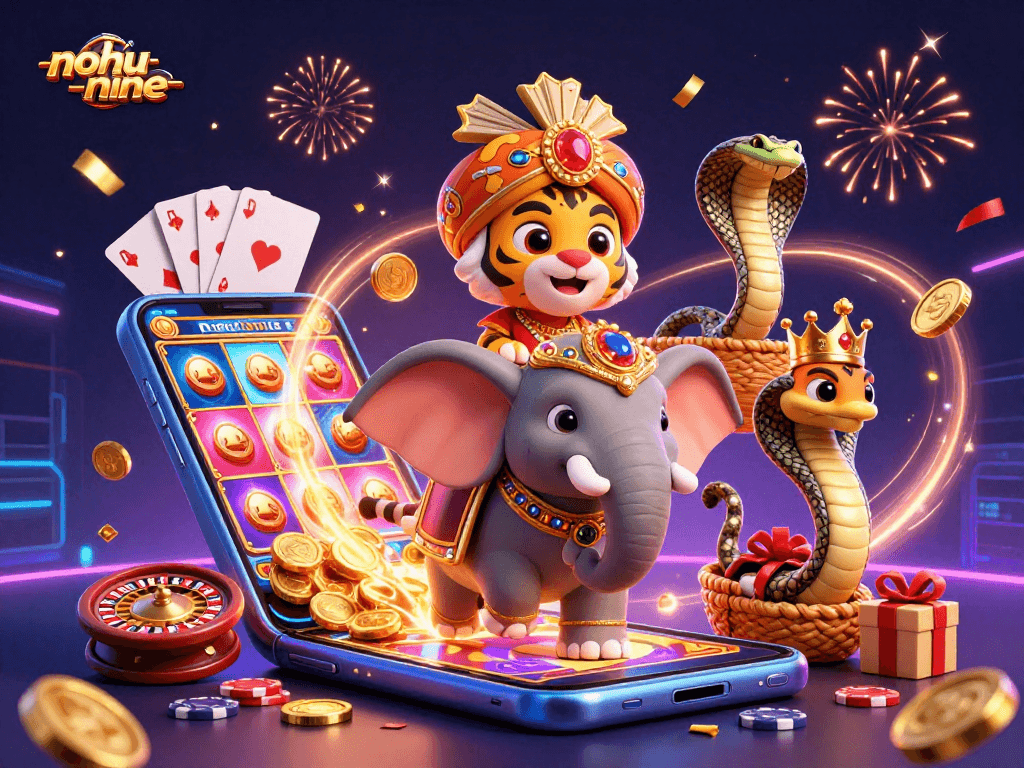 Experience the vibrant excitement of nohu-nine as illustrated by a celebratory casino scene.
