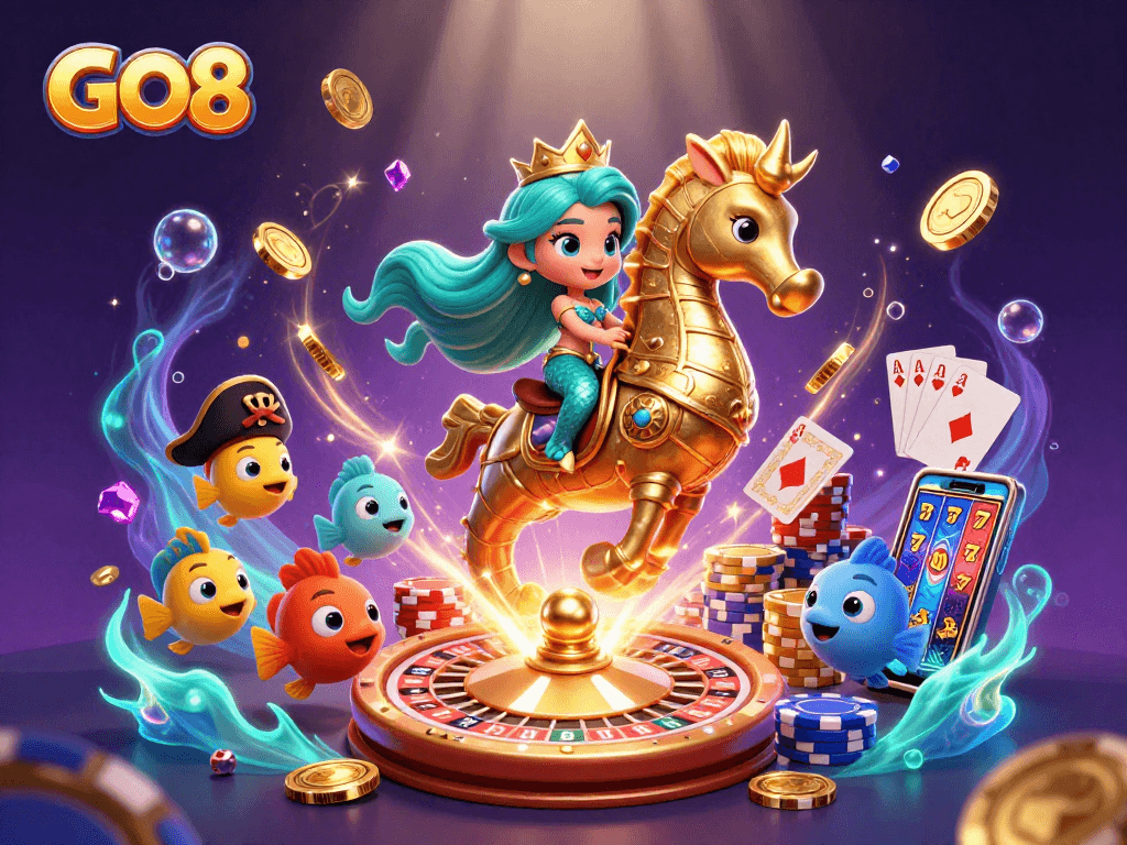 Experience thrilling wins with GO8 in this dynamic 3D casino adventure featuring vibrant characters and games.