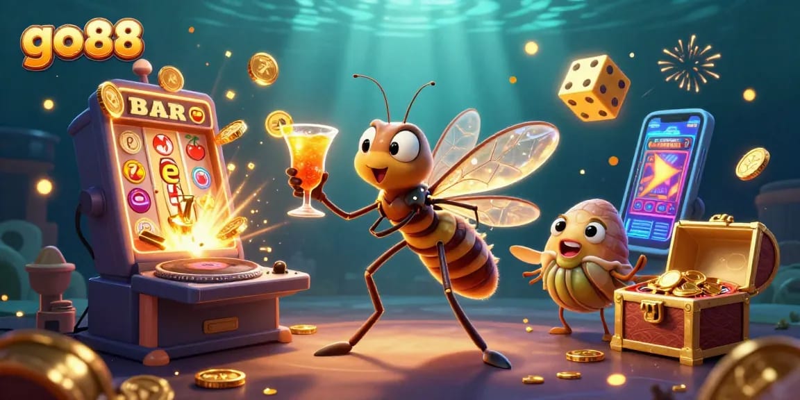 Experience the thrill of go 88 with a vibrant casino scene featuring animated characters and engaging game elements.