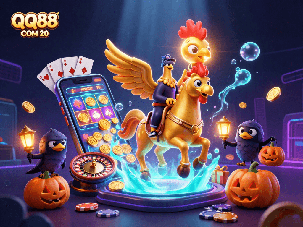 Spin to win with QQ88 COM 20 in a vibrant casino scene featuring a golden rooster.