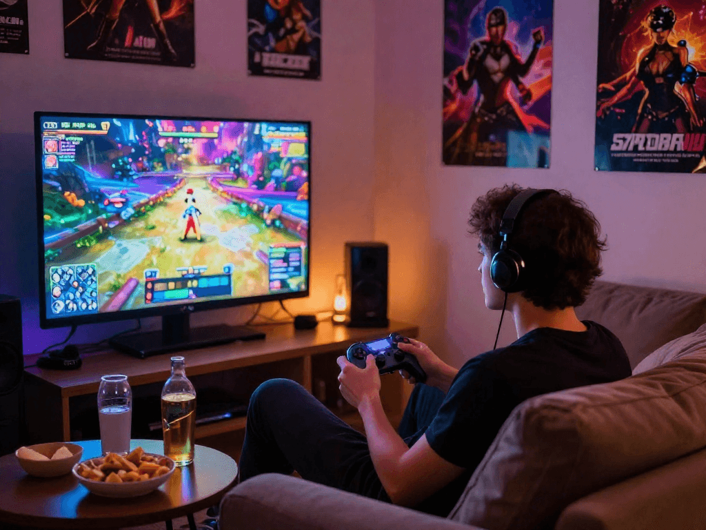 Intense gaming moment with a player enjoying a porn game on a big screen, cozy ambiance.