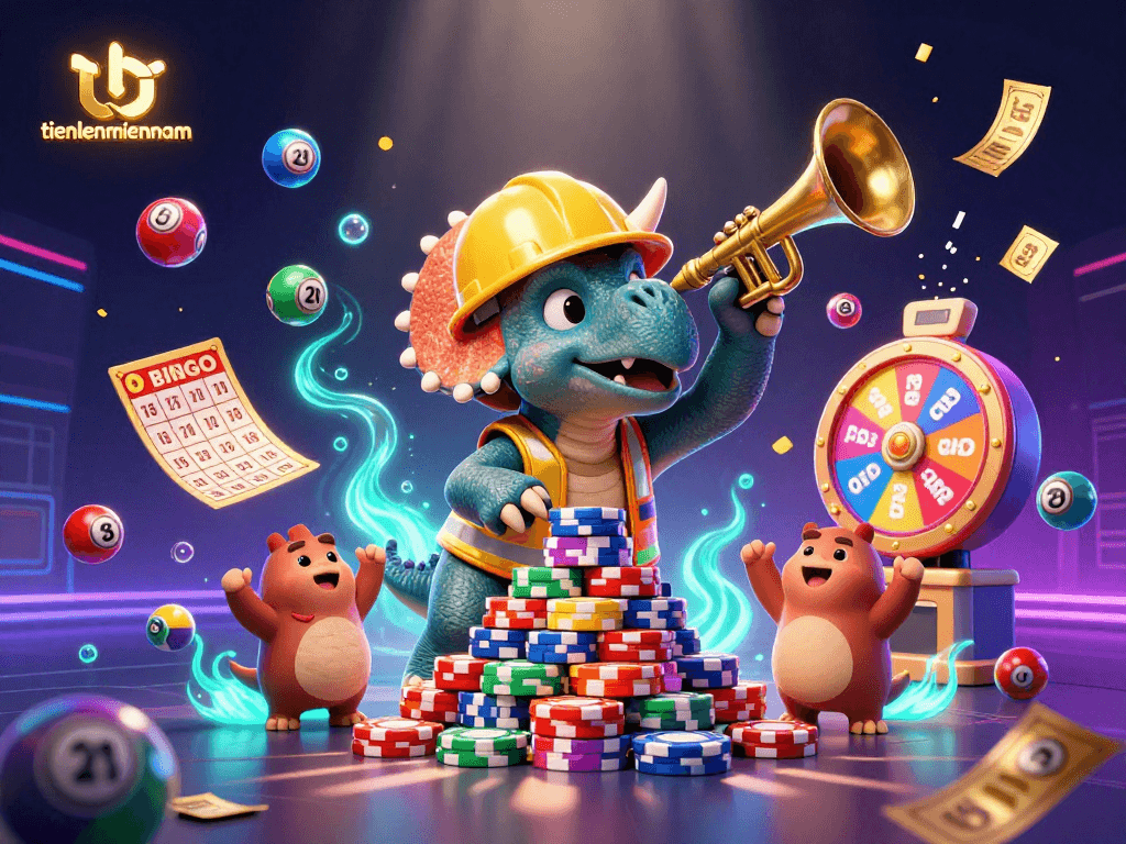 Engage in thrilling action with tienlenmiennam as a triceratops builds a poker chip pyramid in an exciting casino scene.