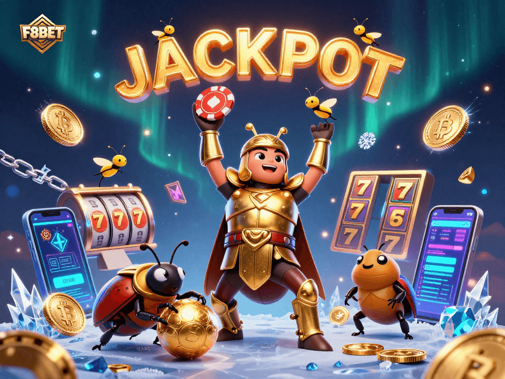 Experience thrilling gaming with F8BET's dynamic 3D scene showcasing victory and excitement.