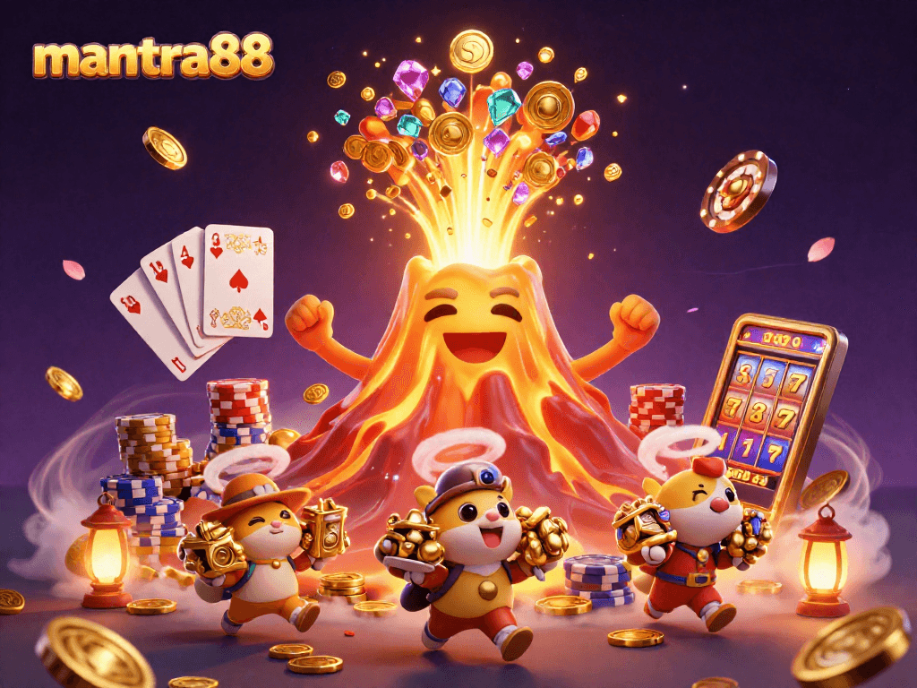 Experience the thrill of mantra88 with a vibrant 3D casino eruption of treasures and lucky symbols.