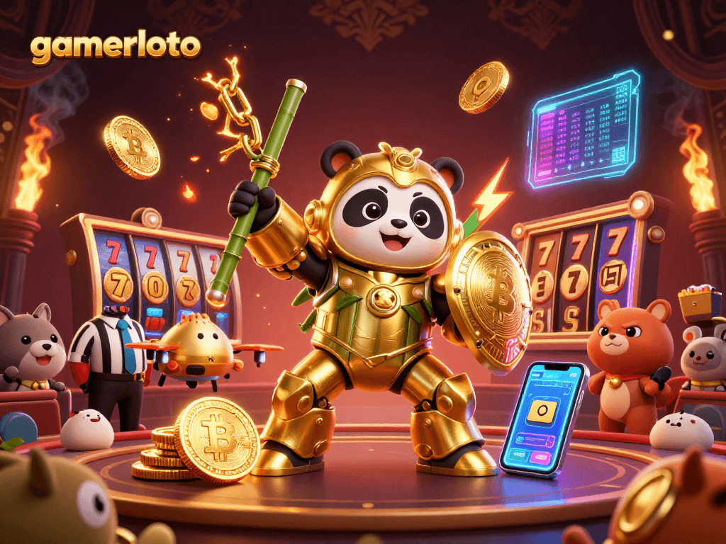 Experience gamerloto with an exhilarating casino scene featuring a mech-suit panda and vibrant game elements.