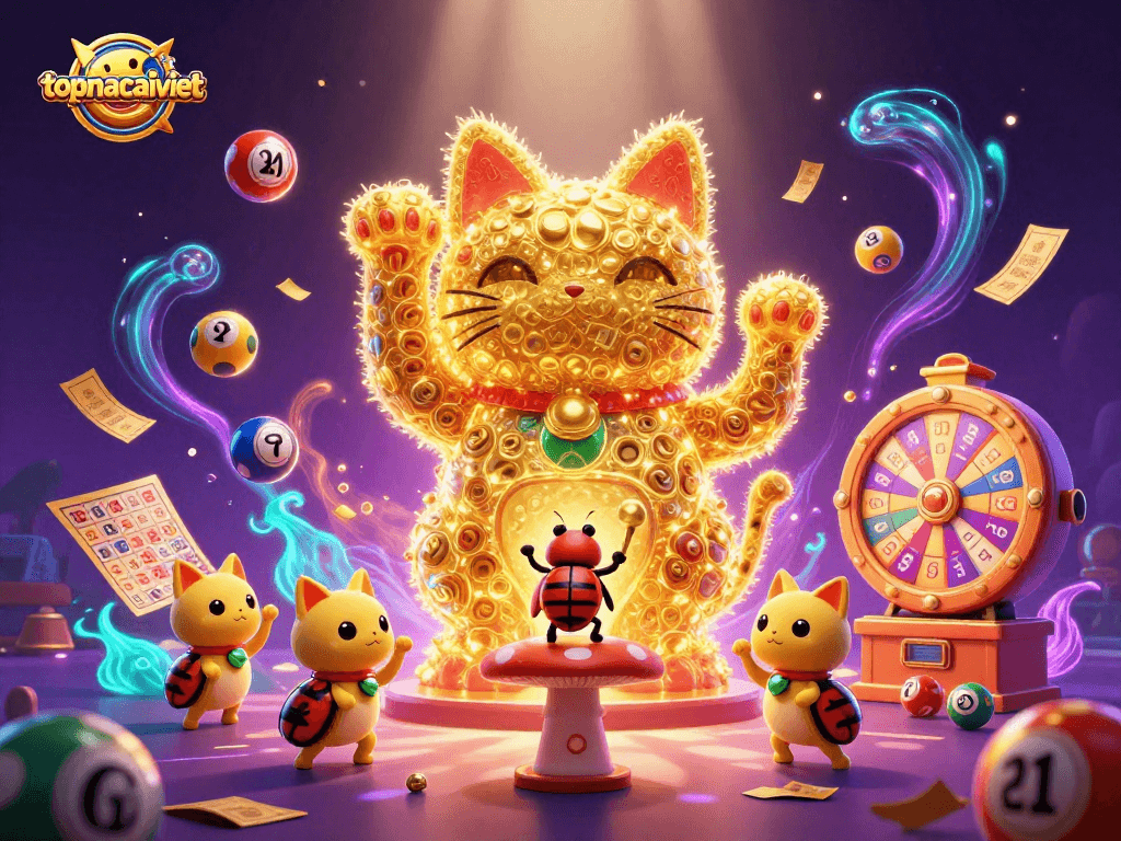 Engage with topnhacaiviet's vibrant casino scene featuring a lucky cat and dynamic lottery elements.