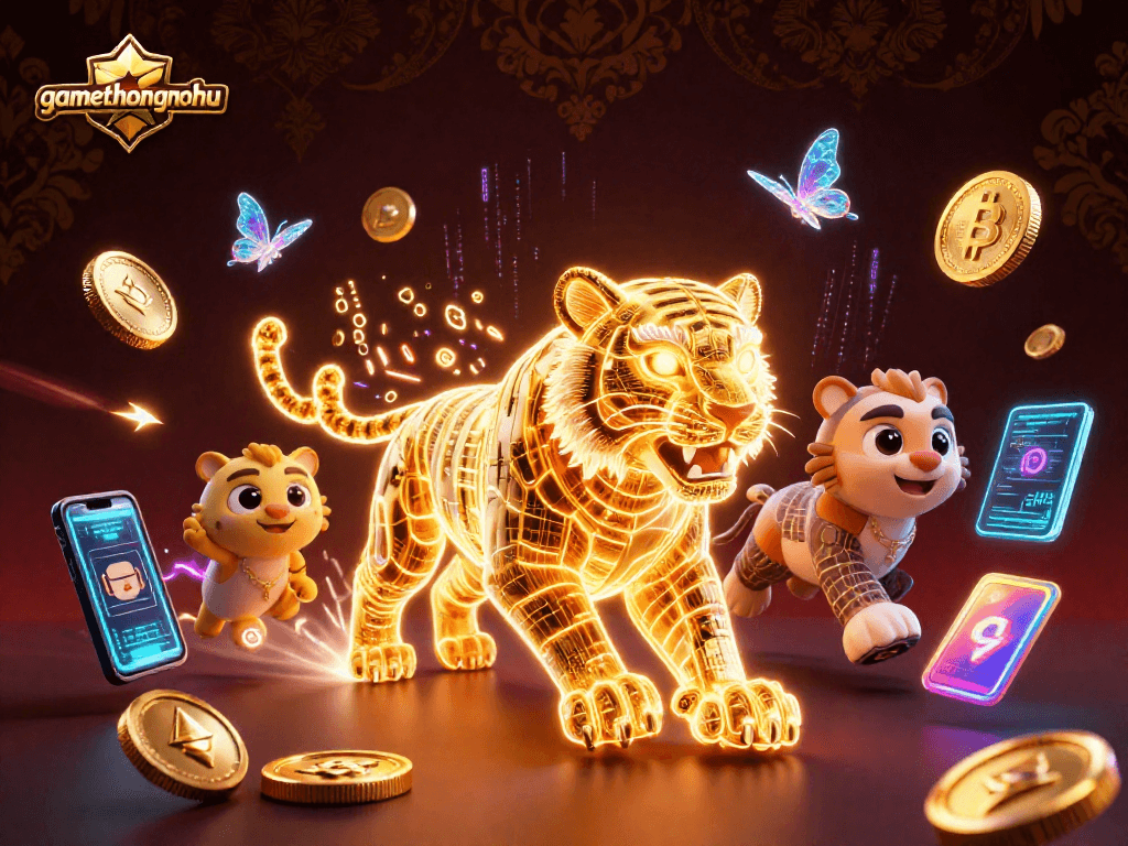 gamethuongnohu showcases a dynamic casino scene with a neon tiger navigating amidst crypto coins and holographic displays.