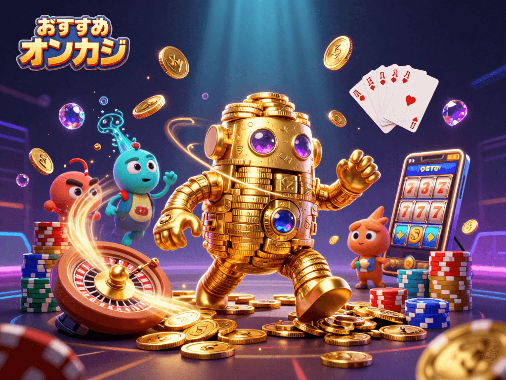 おすすめ オンカジのシーンで金のゴーレムがカジノゲームを楽しむイラスト。