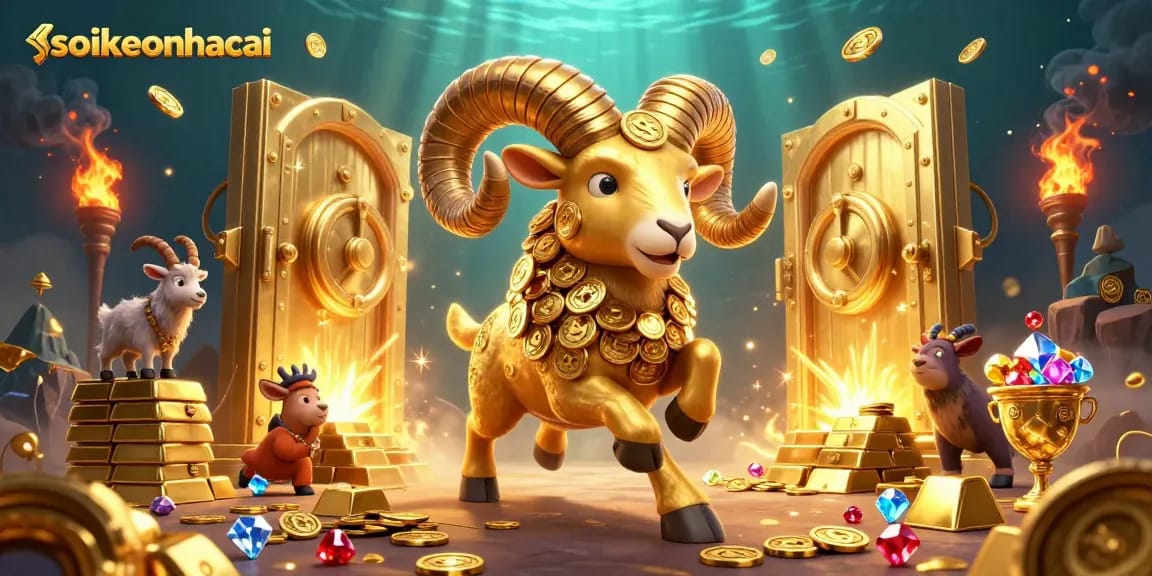 Experience thrilling sports betting with soikeonhacai and gaze at a golden ram charging through treasures.