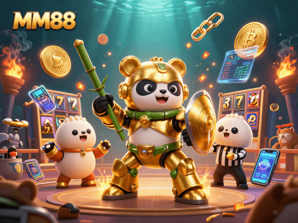 Engage in thrilling gameplay at MM88 with dynamic scenes of casino slots and vibrant characters.