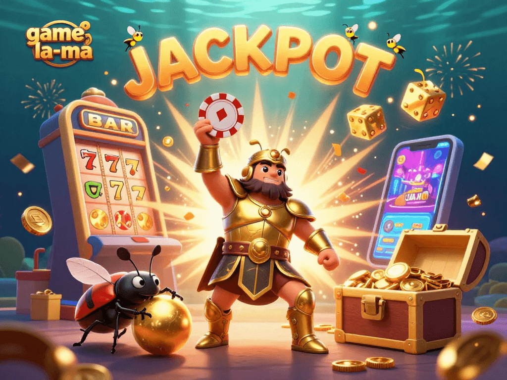Experience thrilling wins at game-la-ma with a dynamic jackpot scene featuring iconic gaming elements.