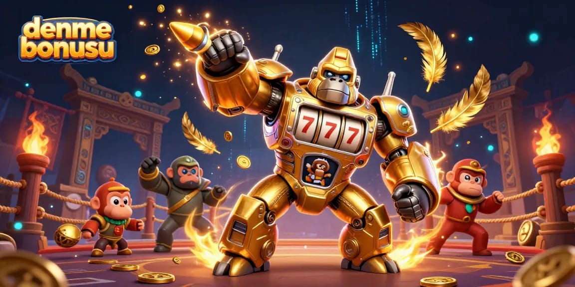 Experience deneme bonusu excitement with a dynamic golden gorilla mech bursting coins and energy.