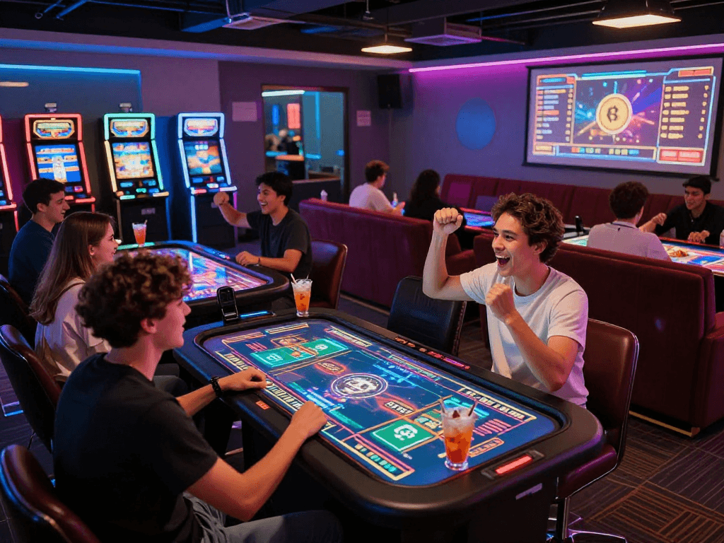 Exciting atmosphere in a crypto casino with players at digital tables celebrating wins.