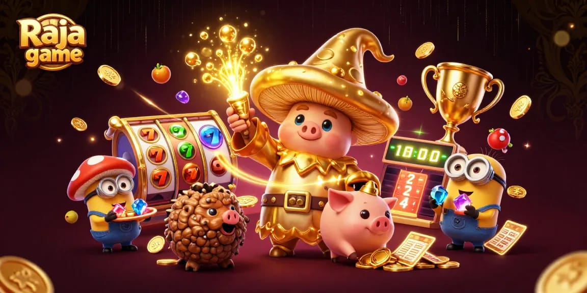 Raja game features an enchanting 3D wizard scene with magical slot elements and vibrant treasures.