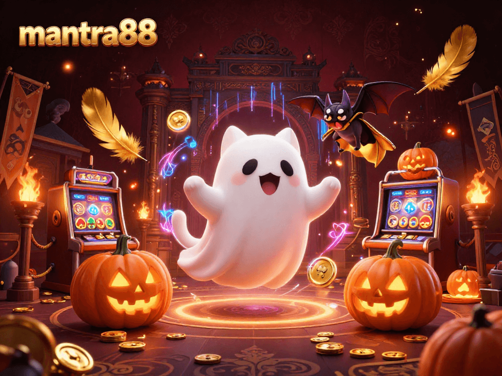 Experience the excitement of mantra88 with a floating ghost cat and vampire bat in a haunted casino scene.