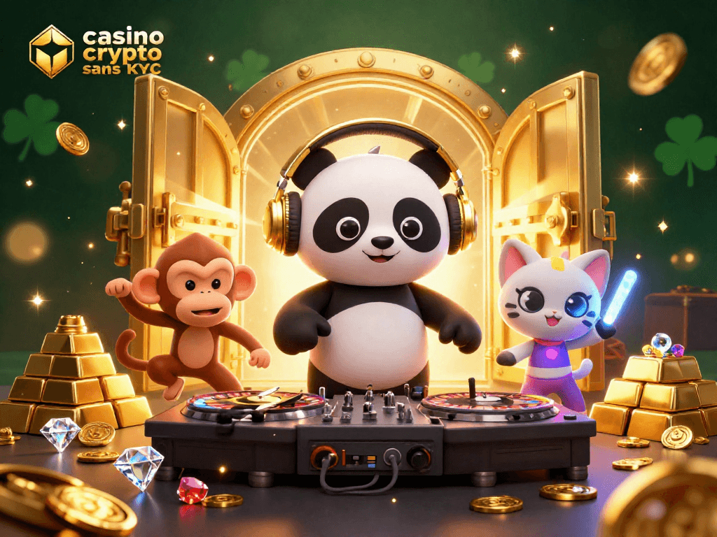 Vivez l'excitation d'un casino crypto sans KYC avec des personnages animés dans une scène dynamique et riche.