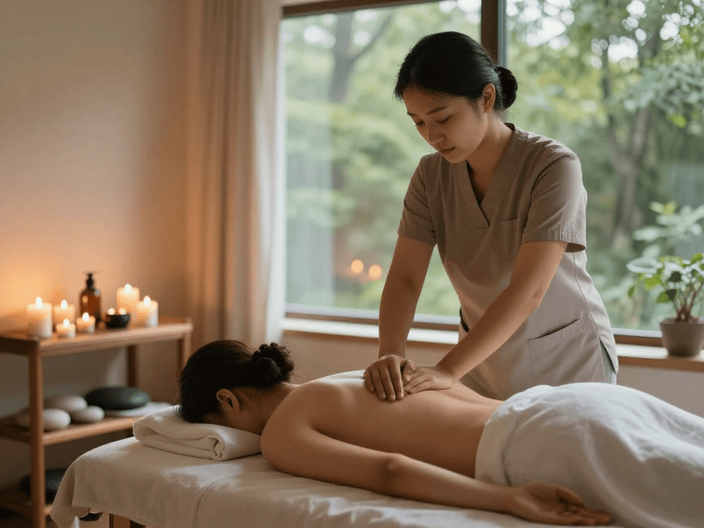 스웨디시 마사지 중인 고객과 치료사가 있는 마사지 스튜디오의 따뜻한 분위기