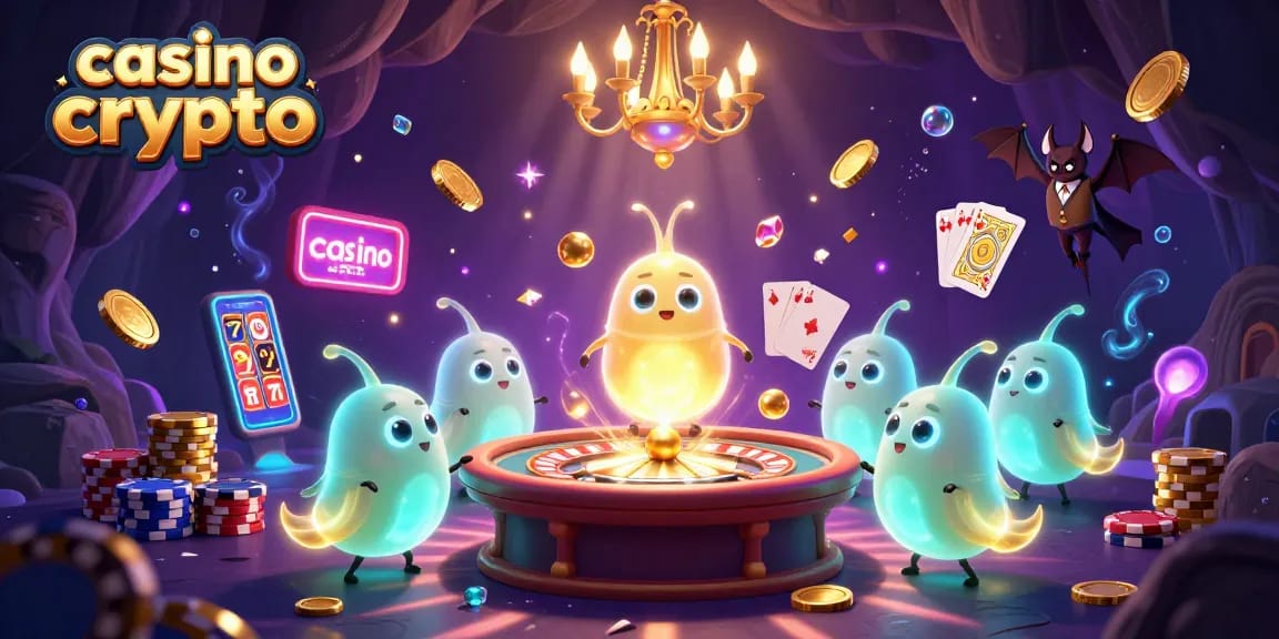Una escena de casino crypto vibrante, con luciérnagas iluminando mesas de juego y un crupier murciélago.