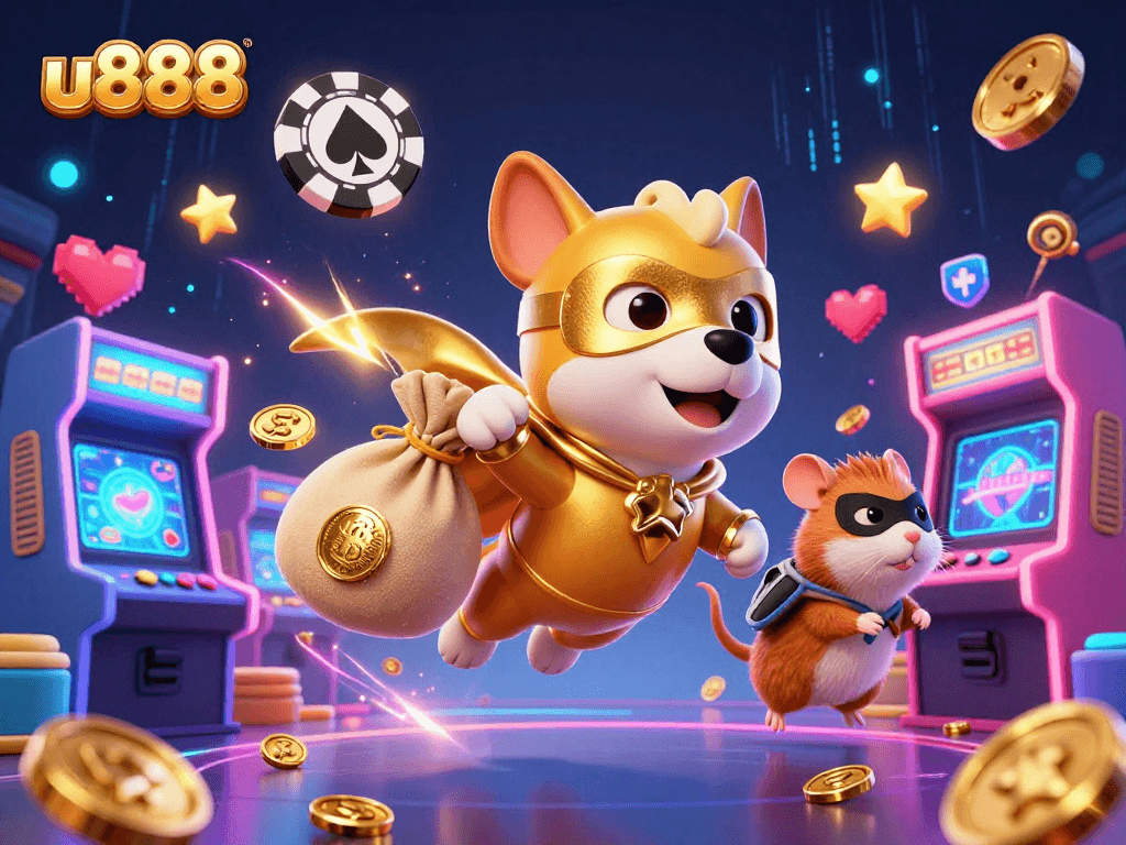 Engage with u888 gaming excitement featuring a superhero dog and hamster, surrounded by vibrant casino elements.