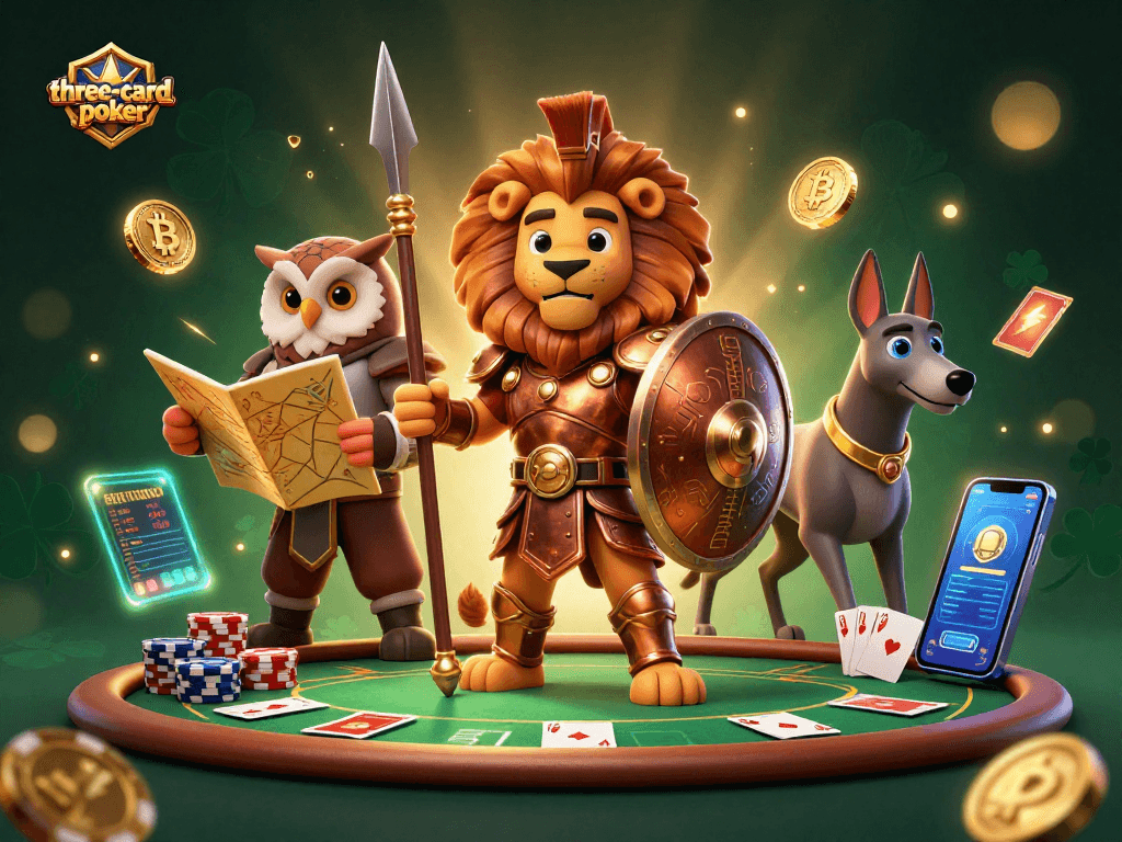 Experience three-card-poker excitement with heroic characters and vibrant gaming elements.
