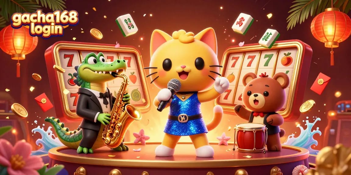 Engage with gacha168 login through a vibrant casino-inspired 3D illustration featuring charming characters.
