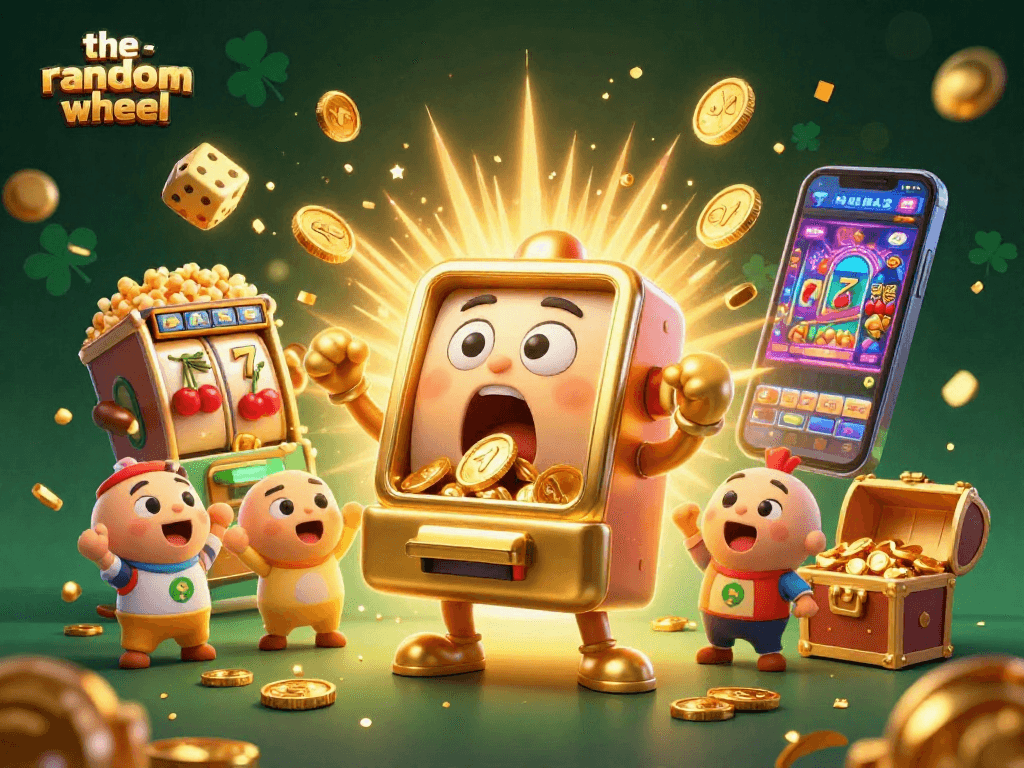 Experience the excitement of the-random-wheel as the golden slot machine hits a jackpot while coins pour out, amidst vibrant casino elements.