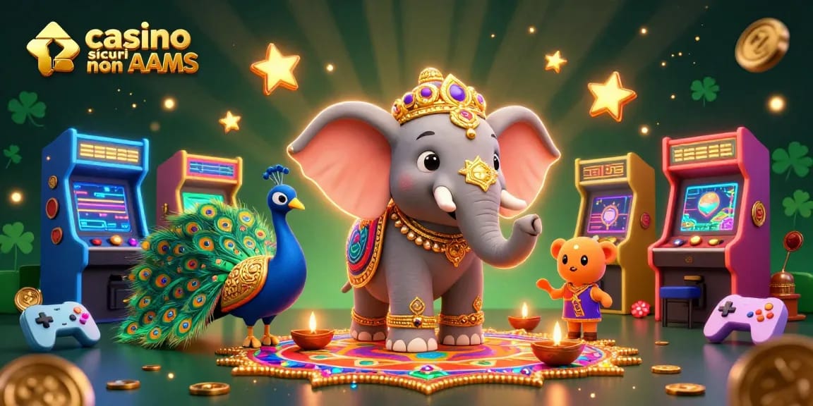 Gioca nei casino sicuri non AAMS con un'immagine vivace che mostra un elefante colorato, un pavone e elementi di gioco avvincenti.