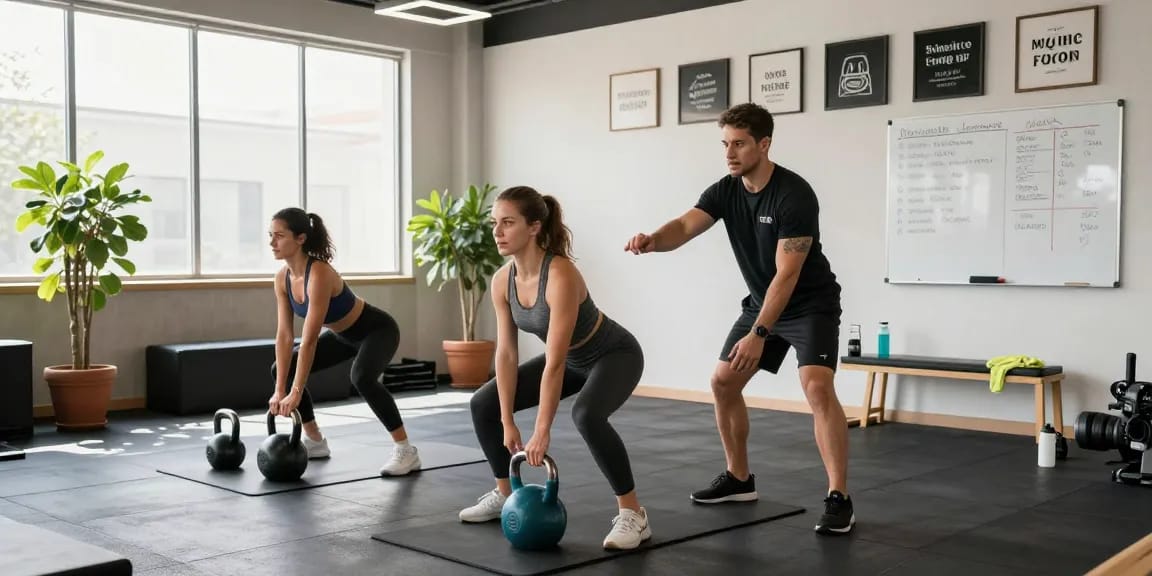 Group fitness session featuring kettlebell training at miraviglp.com/5-amino-1mq gym, showcasing energetic exercise atmosphere.