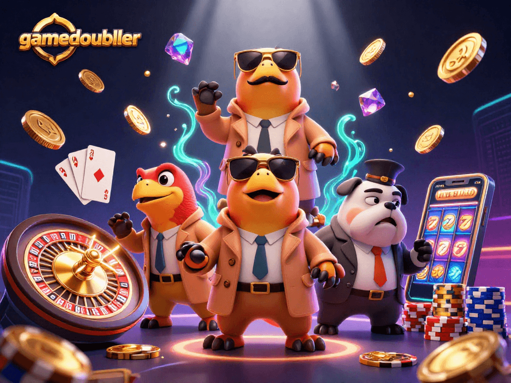 Join the fun at gamedoubler with raptors sneaking into a VIP lounge in a vibrant casino scene.