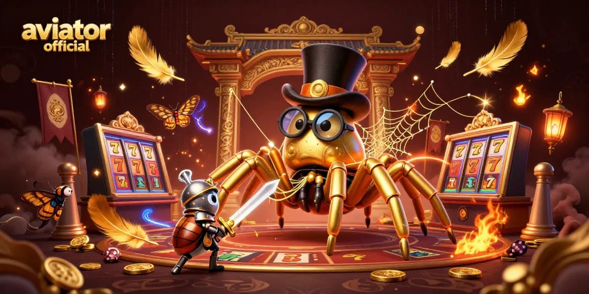 A thrilling scene of the aviator official game featuring a golden tarantula and beetle knight in an exciting casino setting.