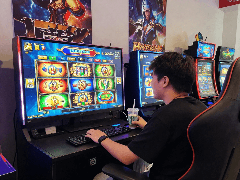 Exciting online gaming experience showcasing a player engaged with slot games on screen, vibrant atmosphere inspired by https://www.benmillerband.com/.
