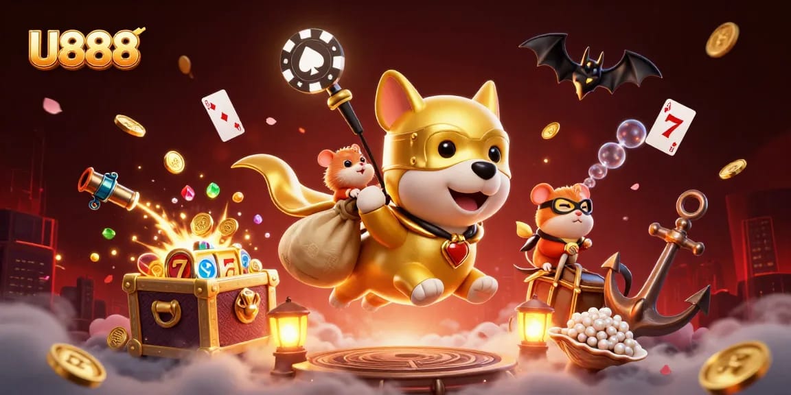 U888 superhero dog promotes winning in a vibrant 3D casino scene filled with dynamic gaming elements.