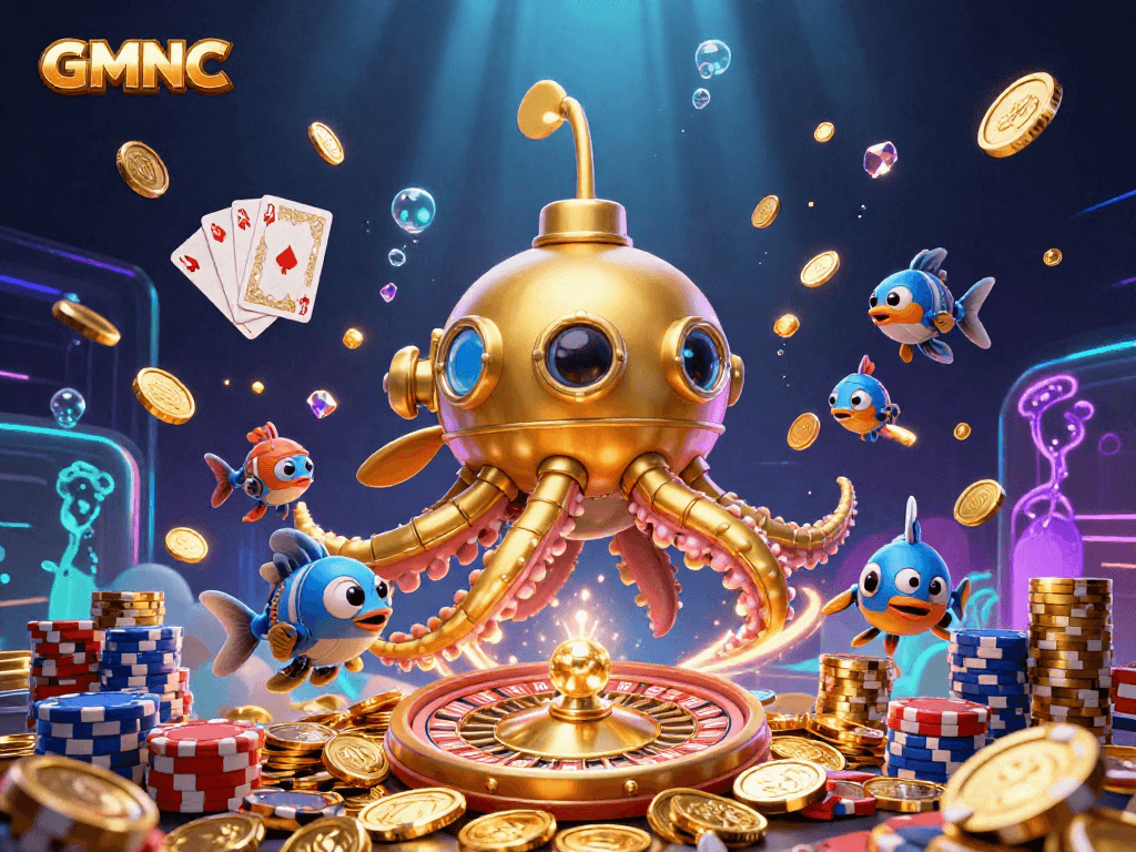 Engage with GMNC through this vibrant 3D casino scene featuring a kraken and golden coins.