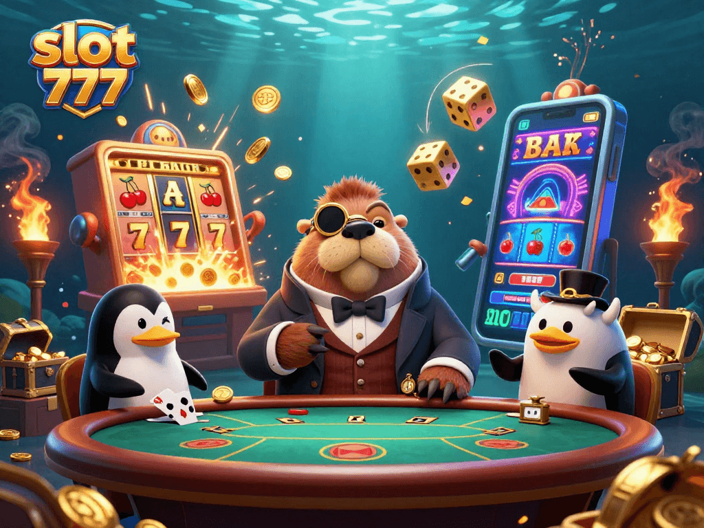 Spin the slot 777 reels with a colorful jackpot explosion amidst the underwater poker scene.